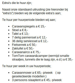 Extra betalen voor allerlei dingen bij huur caravan